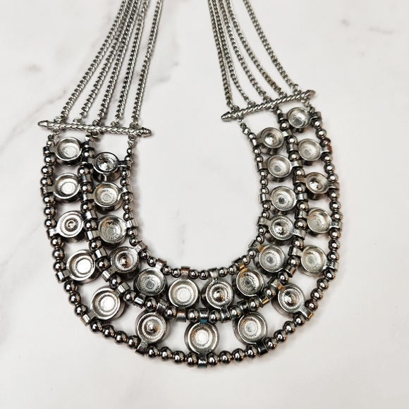 Silver Tone Metal Multi Chain Glass Gem Adjustable Collar Necklace Brutalist - Picture 4 of 6